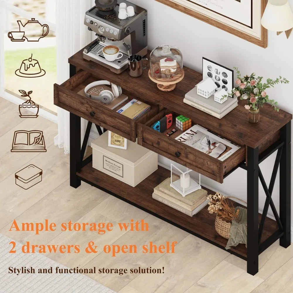 Rustic Oak Console Table With 2 Drawers For Living Room
