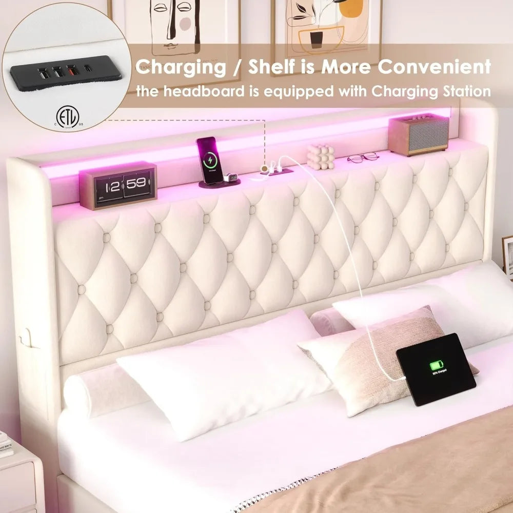 Keyluv Floating Bed Frame With LED Lights USB Charging