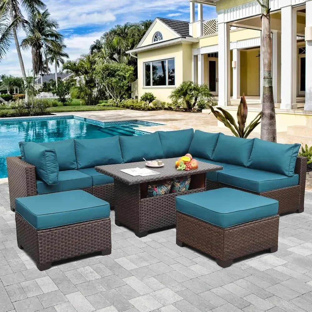 9 Piece Wicker Patio Set With Peacock Cushions And Storage