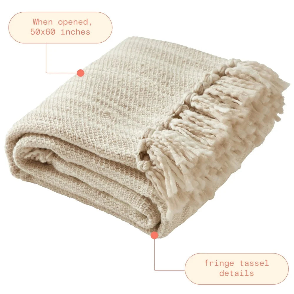 Neutral Woven Throw Blanket 50x60 Soft Durable Fringe