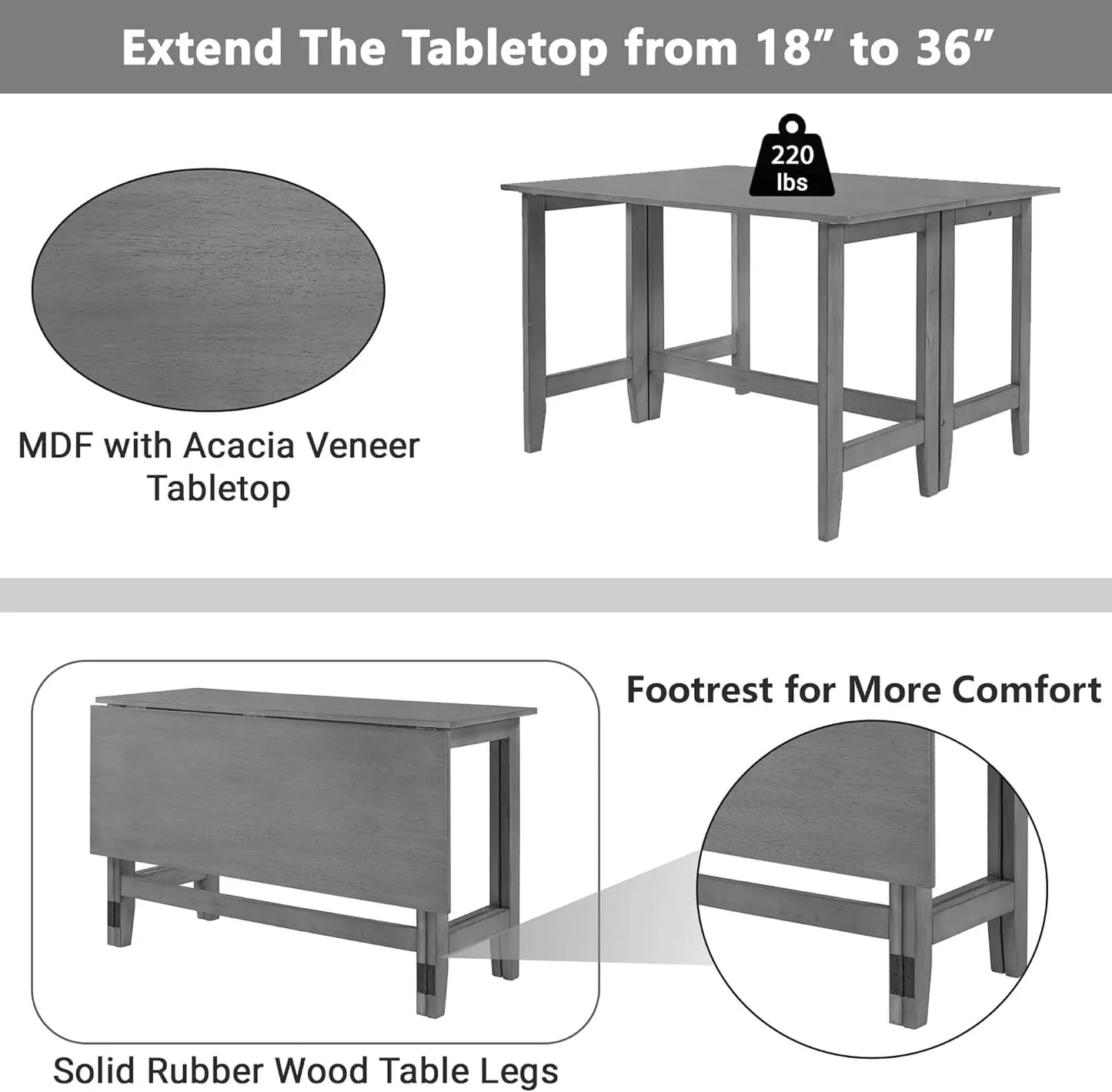 Farmhouse Drop Leaf Folding Dining Table Extendable For 4