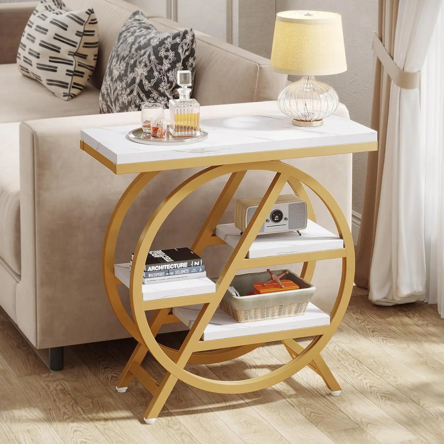 3 Tier Faux Marble End Table With Storage For Living Room