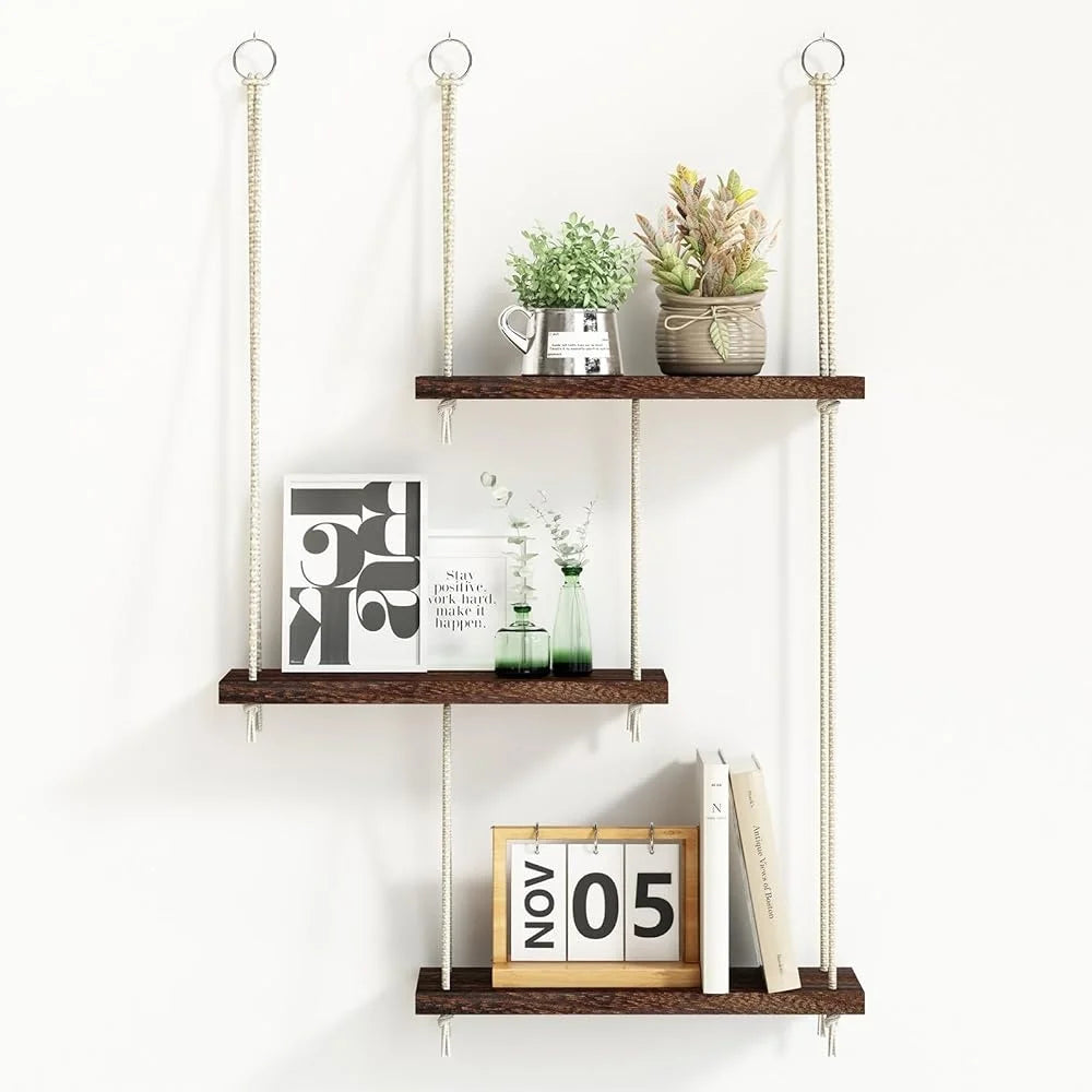 3 Tier Hanging Wall Shelves Boho Rustic Wood Decor Set