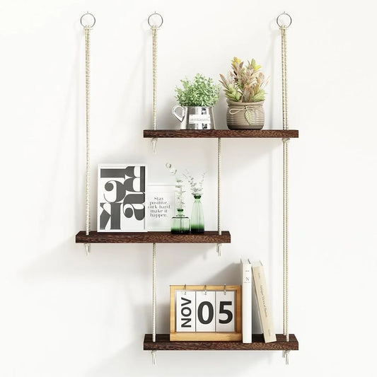 3 Tier Hanging Wall Shelves Boho Rustic Wood Decor Set