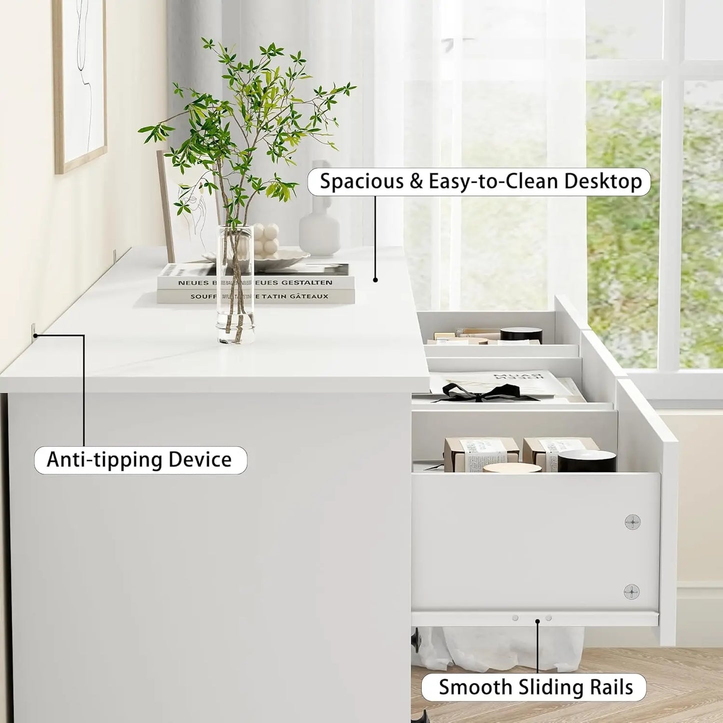 7 Drawer White Wooden Dresser 55 Inch Golden Handles Modern