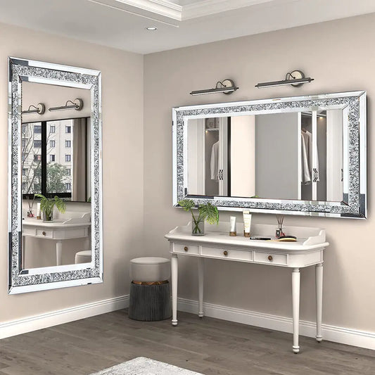LUVODI Large Silver Crystal Rhinestone Framed Vanity Mirror
