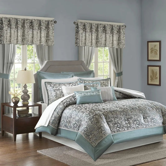 Teal Faux Silk Paisley Queen Comforter Set With Curtains