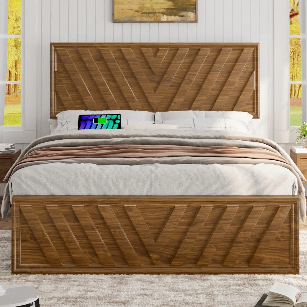 Full Bed With Adjustable Headboard Farmhouse Platform Bed LED Light