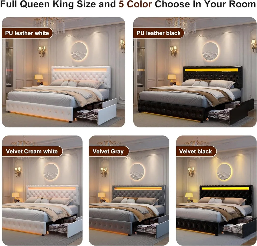 Led Bed Frame With 4 Storage Drawers And Smart Lights
