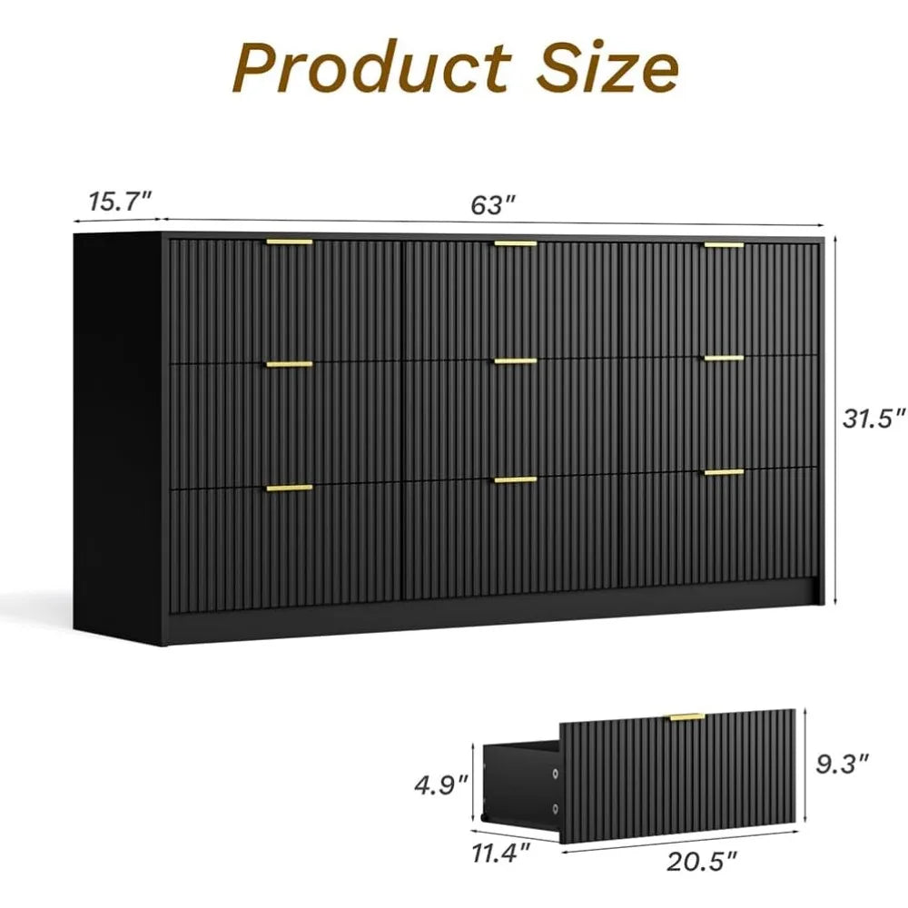 Black Dresser 9 Drawer Modern Chest for Bedroom Living Room