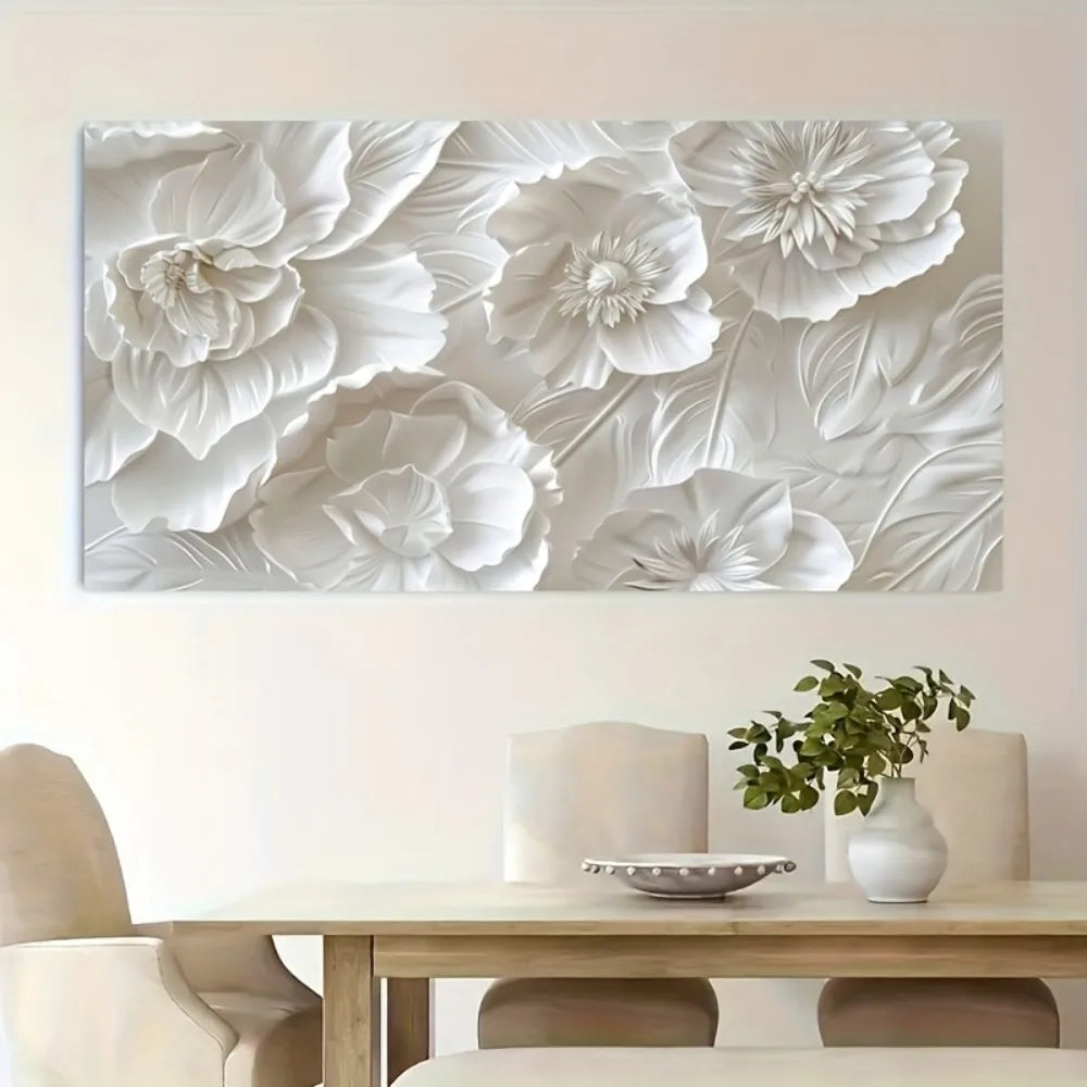 Frameless Modern Wall Art White Flowers Canvas Poster Decor