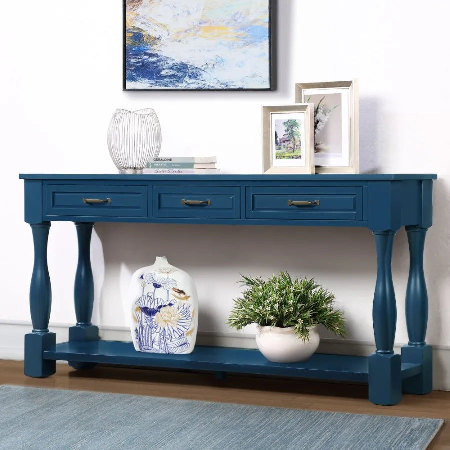 63 Inch Long Wood Console Table With 3 Drawers Navy Blue