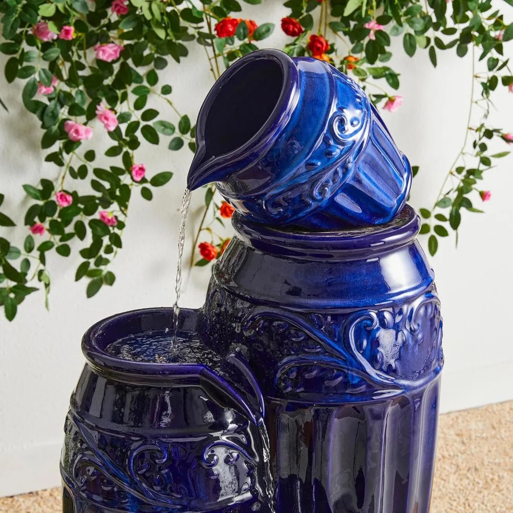 35.5 Inch Cobalt Blue Outdoor Water Fountain LED Lights