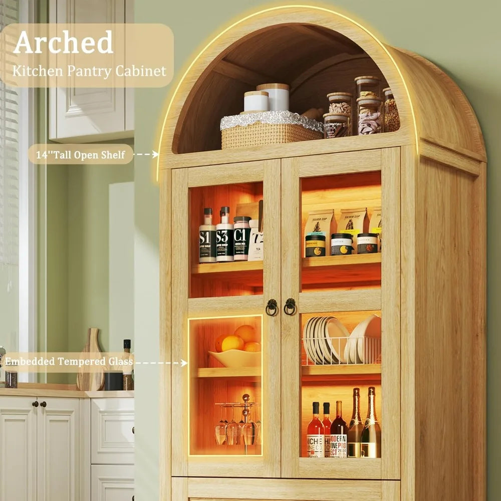 71 Inch Tall Pantry Cabinet With LED Lights Arched Design