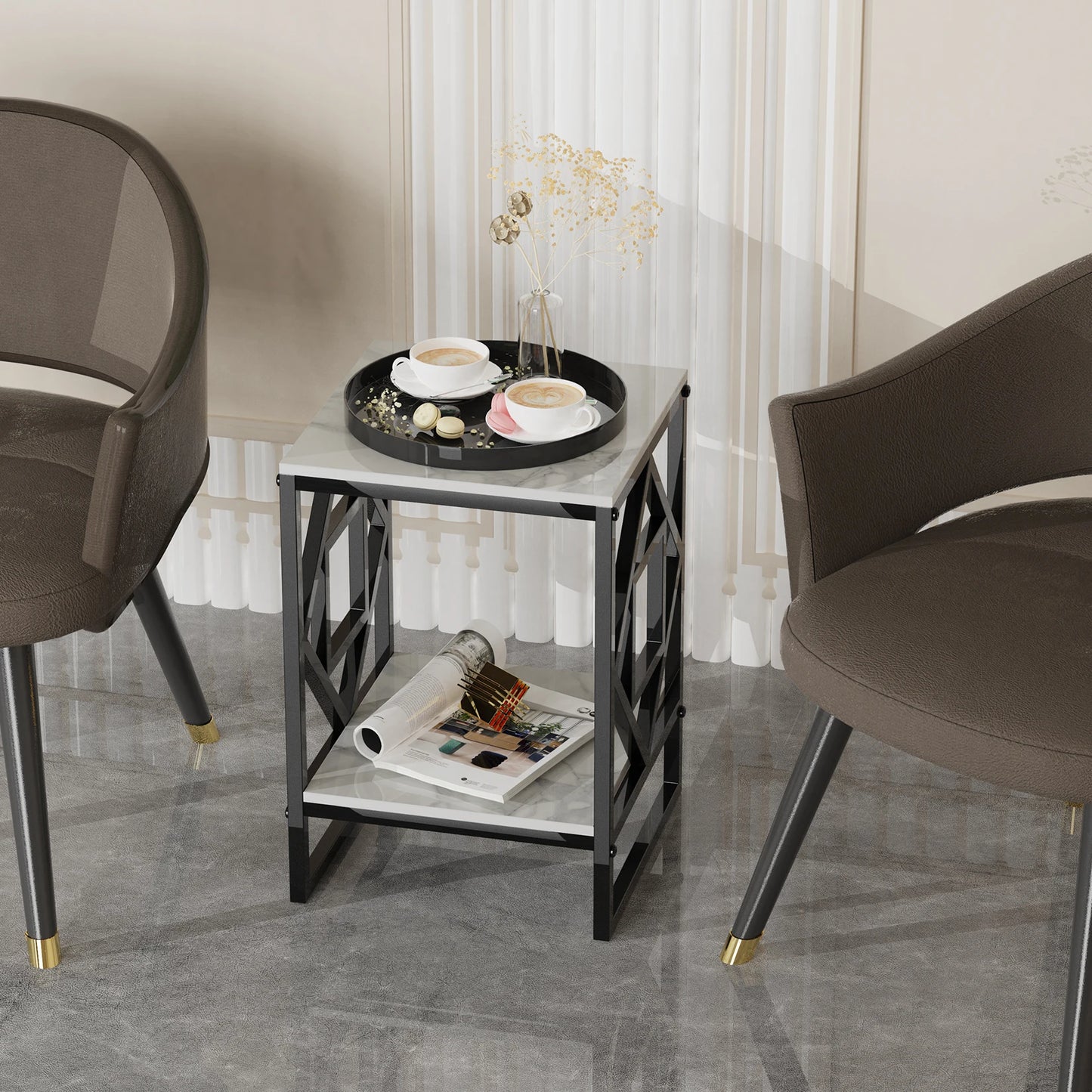 White Marble Top Side Table Sofa End Table With Black Frame