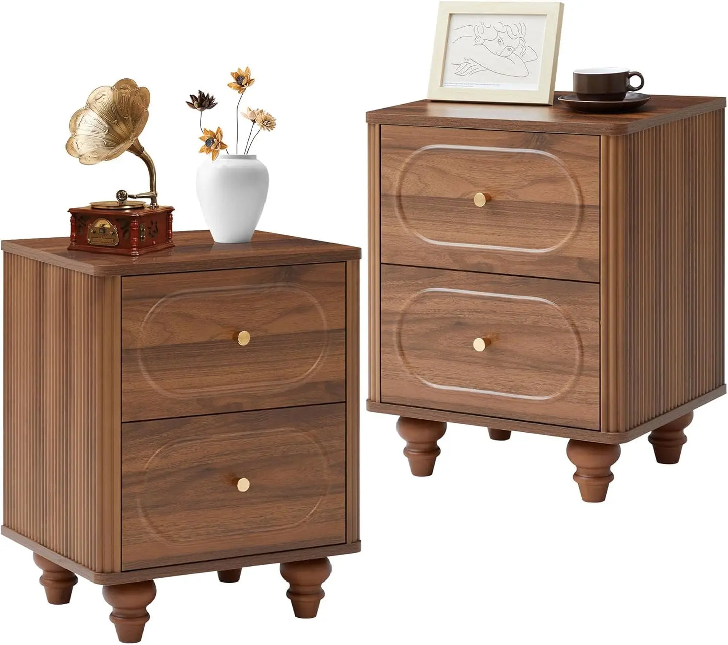 2 Drawer Fluted Nightstand Set Of 2 Mid Century Modern