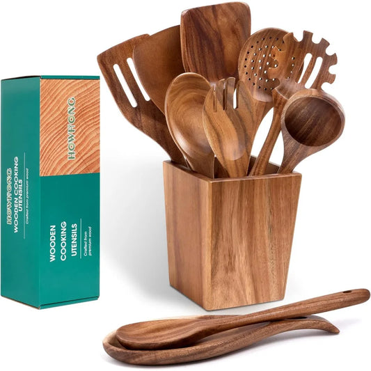 Acacia Wood Utensils Set 11 Piece Tools Holder Spoon Rest
