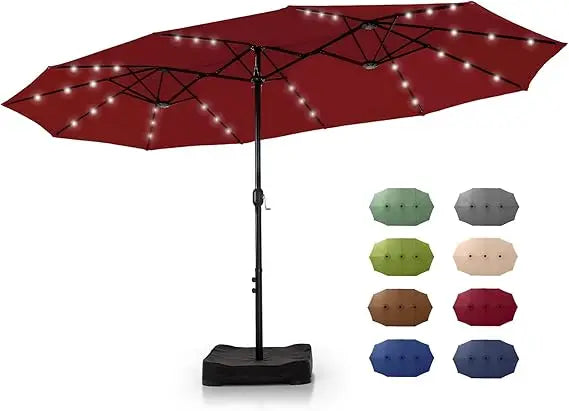 Patio Rectangular Umbrella With Solar Lights And Base
