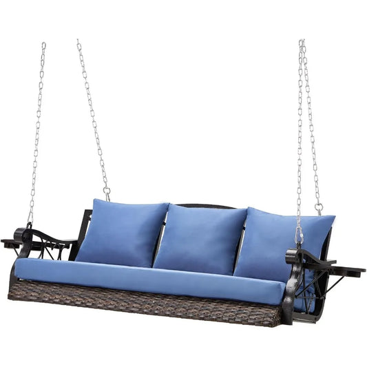 Heavy Duty 900 Pounds Rattan Porch Swing Chair for Three