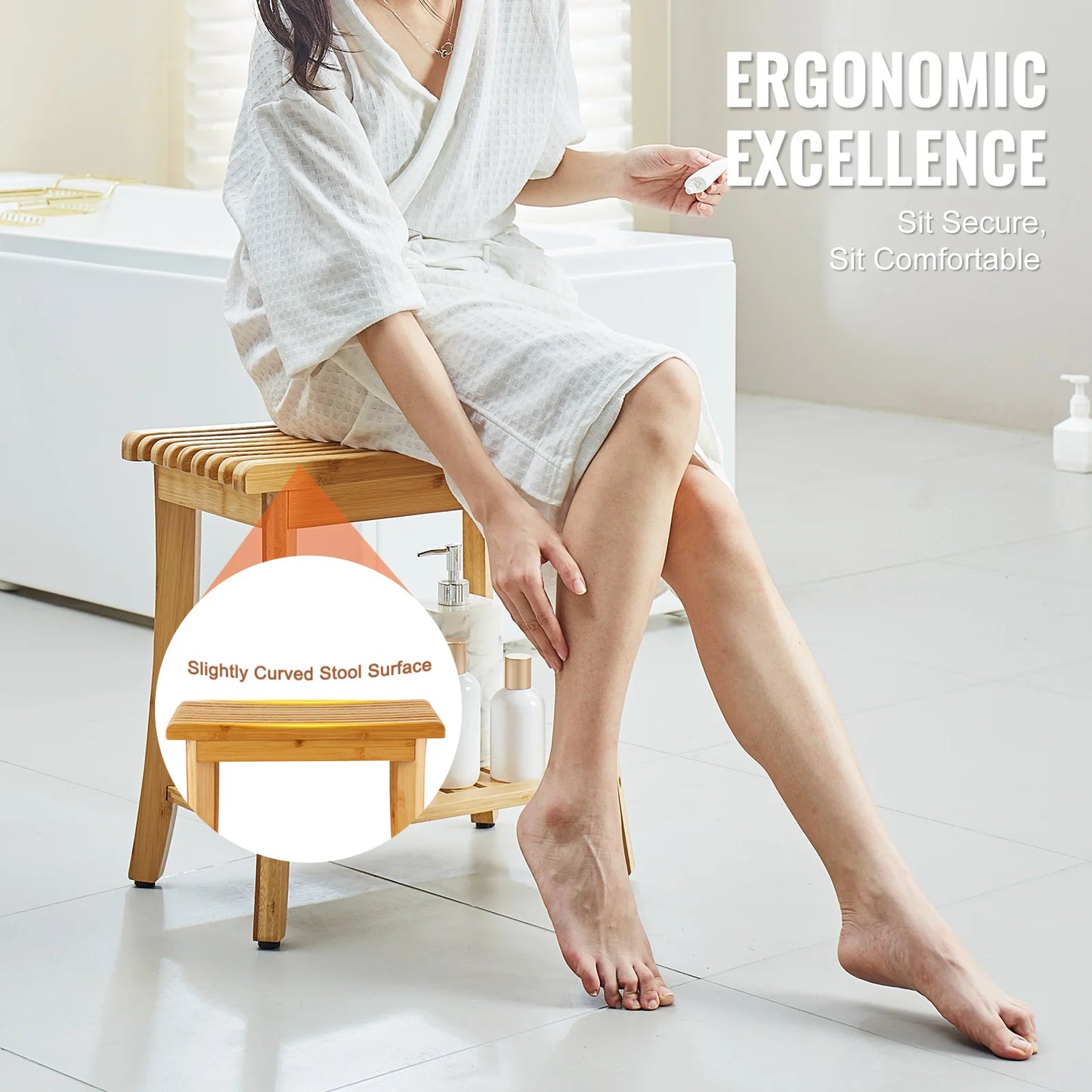 SucceBuy Bamboo Shower Bench With Storage Shelf 330lbs Load Capacity