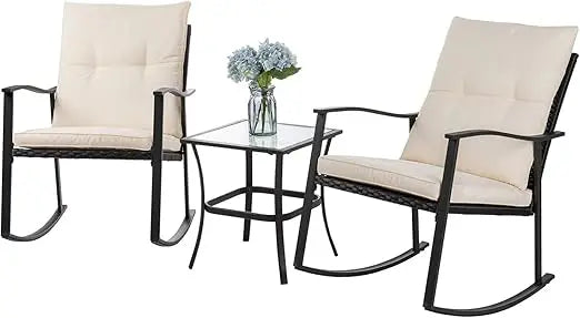 Vongrasig 3 Piece Outdoor Rocking Bistro Set Glass Table
