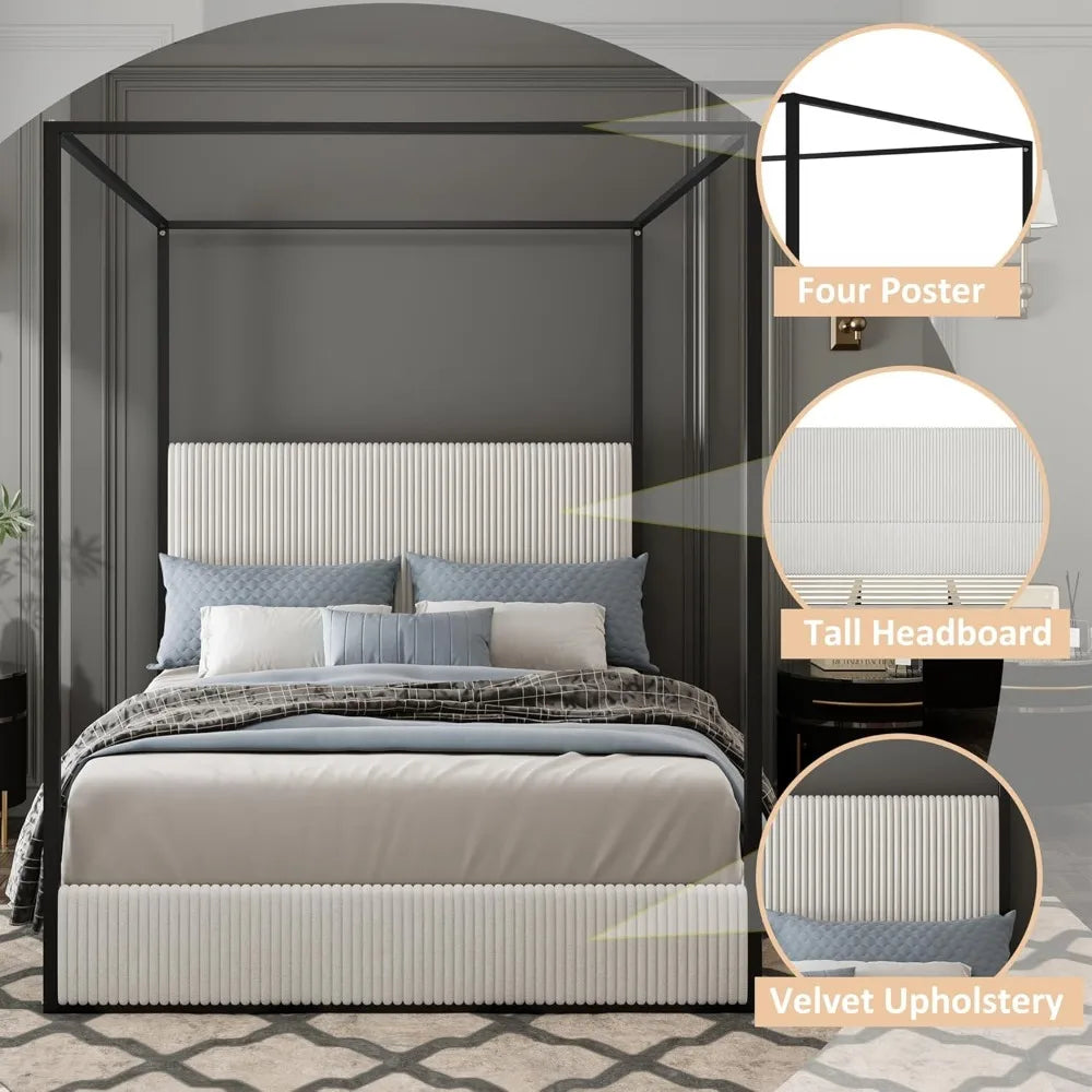 Linique King Size Metal Canopy Bed Velvet Headboard White