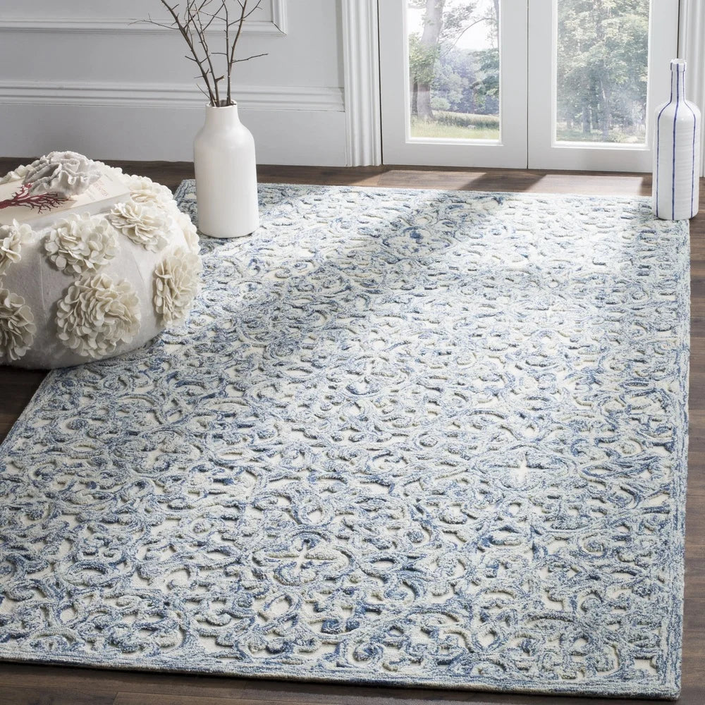 Hand Tufted Wool Area Rug Geometric Floral Design Backing
