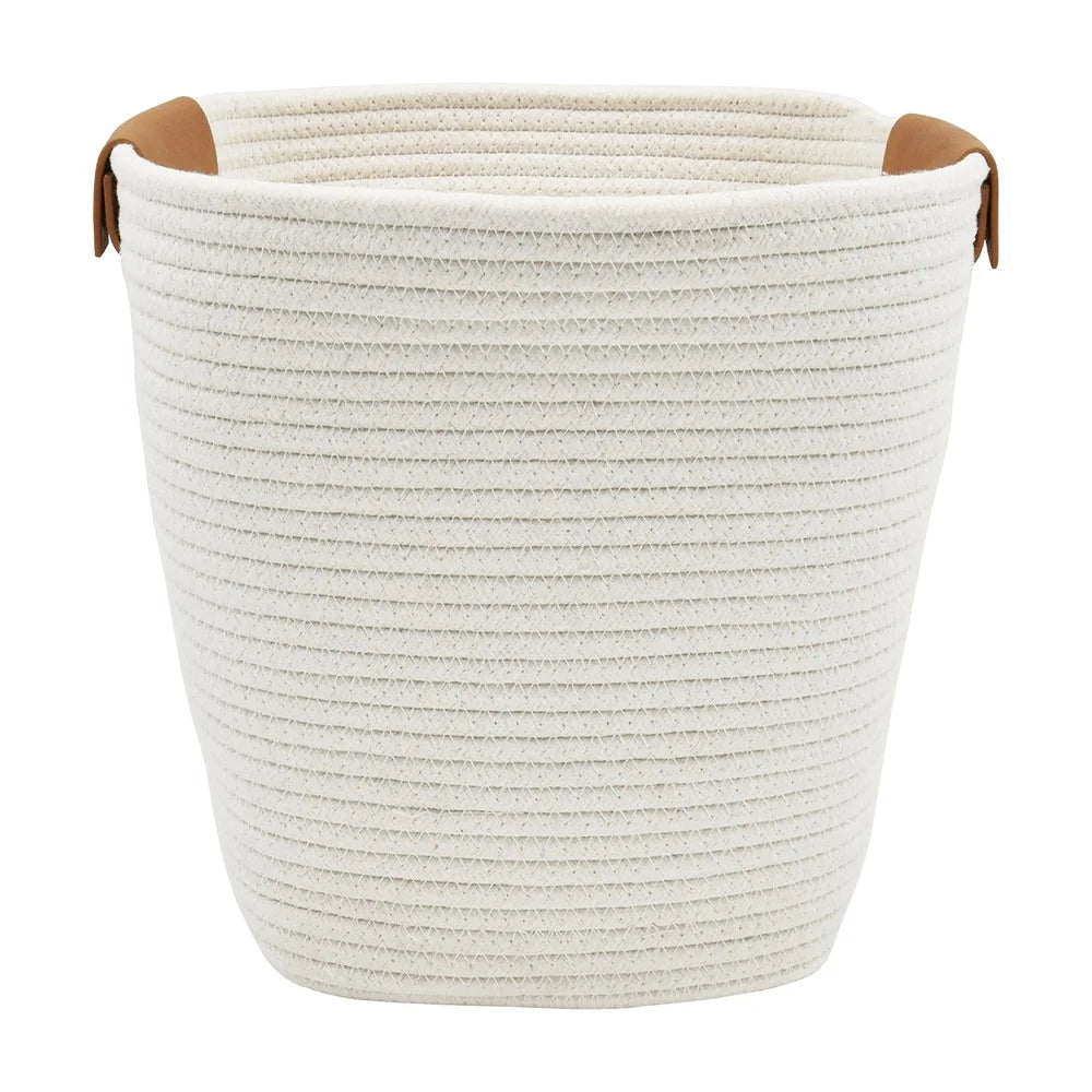 Medium Cotton Rope Storage Basket With Faux Leather Handles
