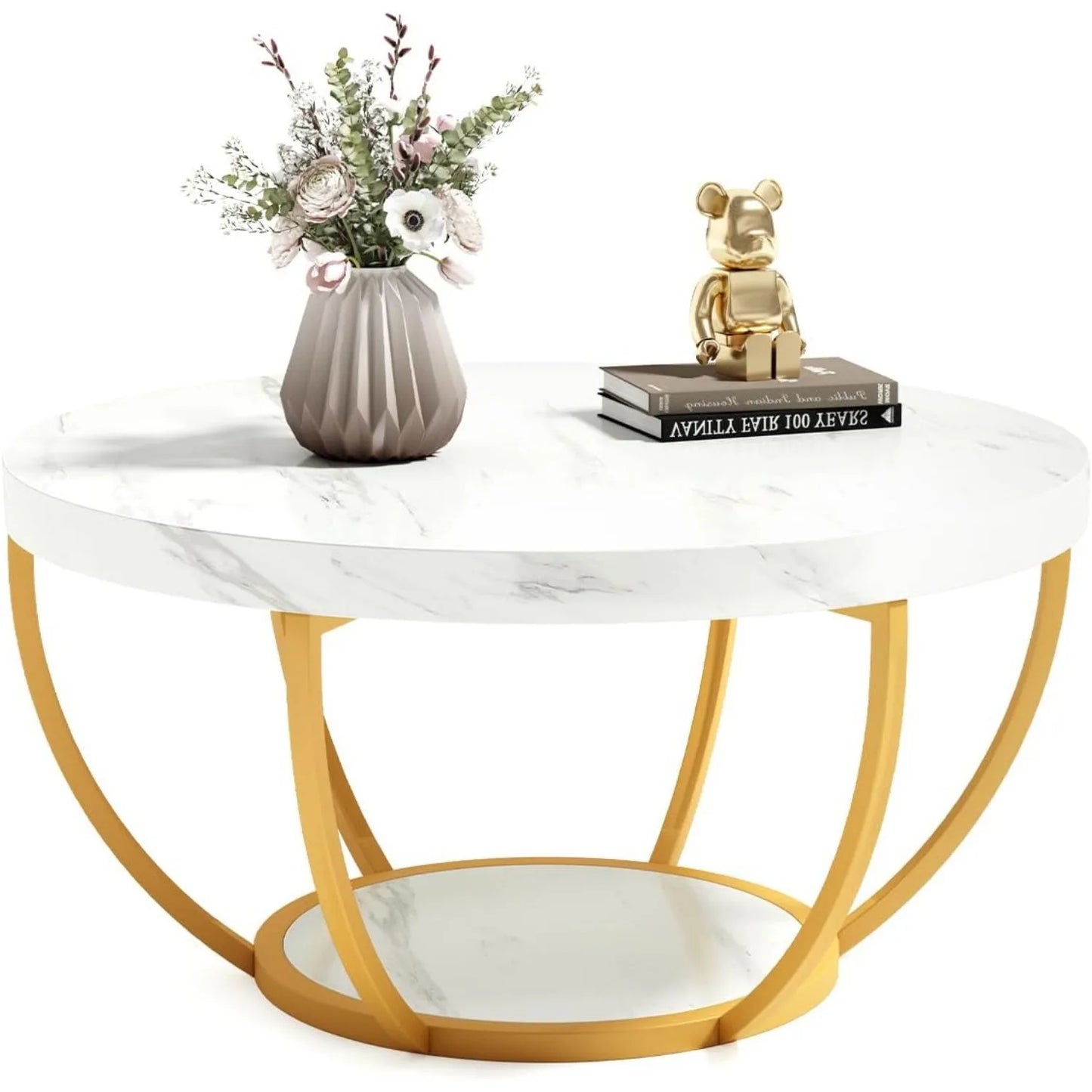 32 Inch Circle Marble Coffee Table Two Tier Gold Metal Legs