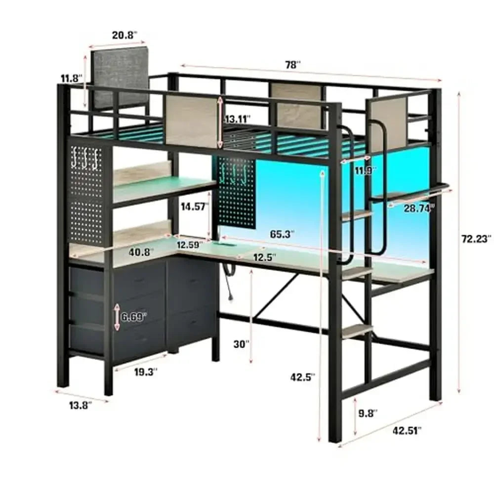 Twin Loft Bed With L Shaped Desk And LED Lights Storage