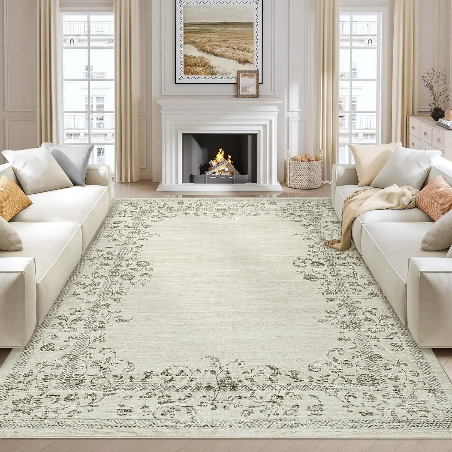 HiMISSH Floral Border Washable Area Rug For Living Room