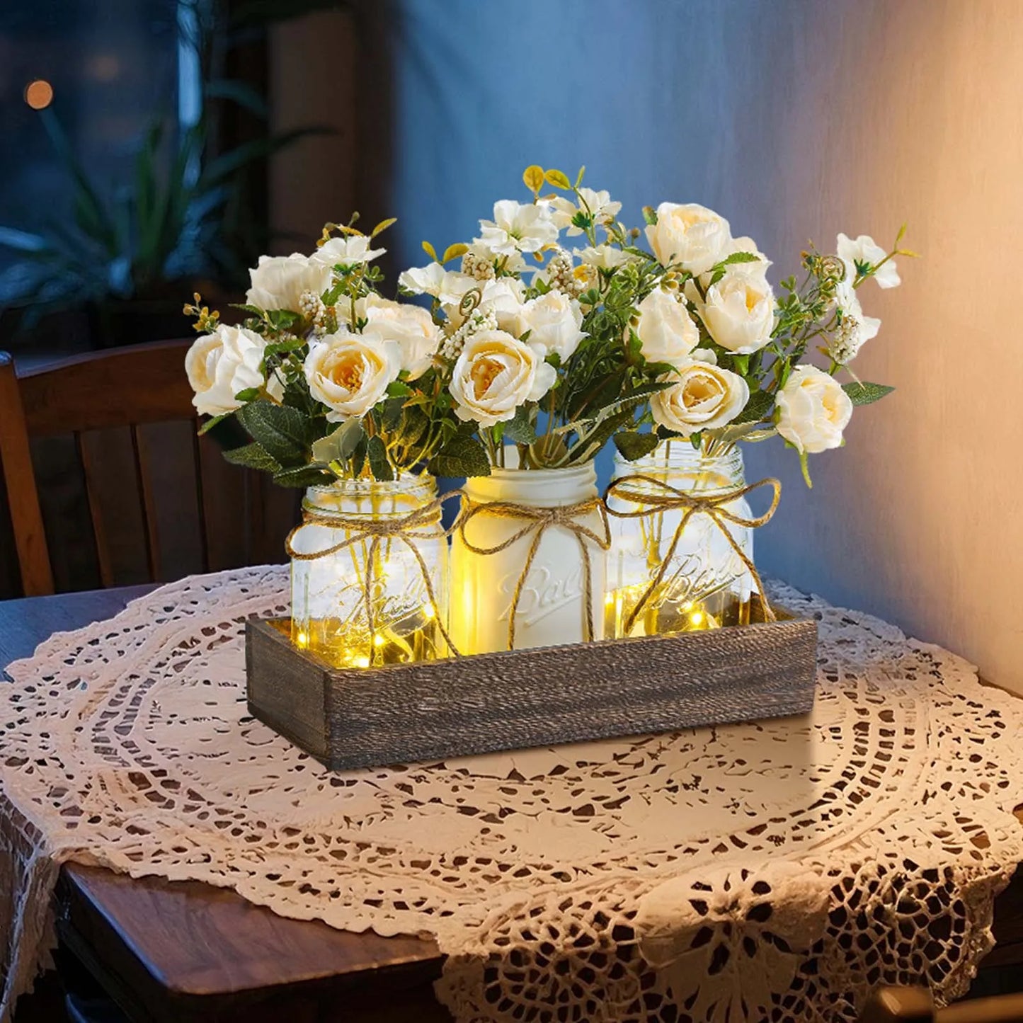 LED Silk Flowers In Wooden Box Vase For Home Office Decor