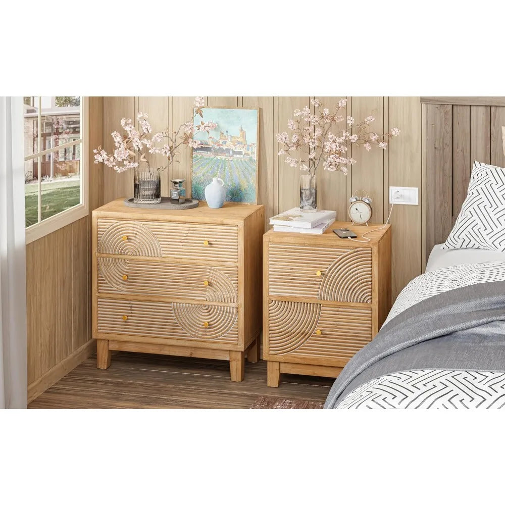 Three Drawer Farmhouse Dresser Handicraft Wood Ring Motif