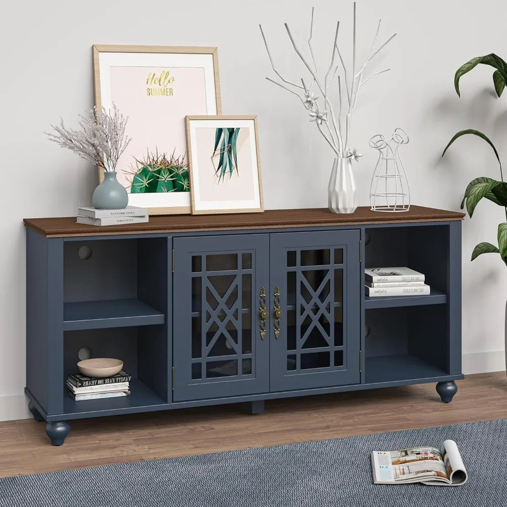 60 Inch Farmhouse TV Stand With Glass Doors And Shelves