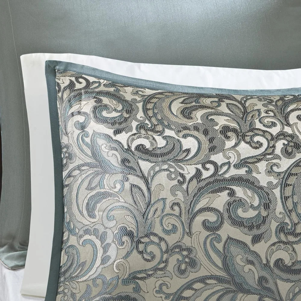 Teal Faux Silk Paisley Queen Comforter Set With Curtains