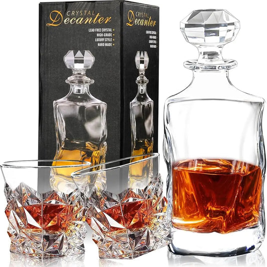 Whiskey Decanter Set For Men, 25 Oz Crystal Decanter Set With 2 Crystal Glasses, Non-Lead Whiskey Glass Decanter Set Fit