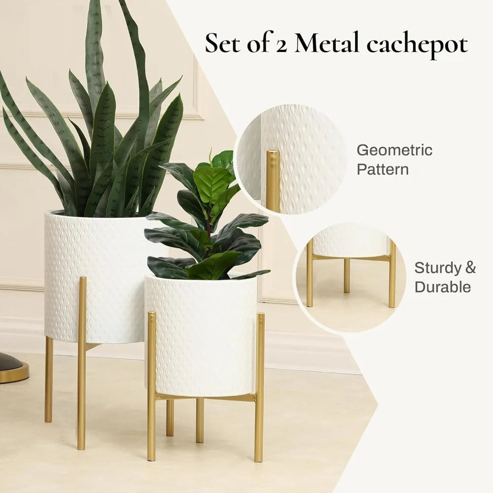 White Indoor Planters With Gold Metal Stand Set Of 2