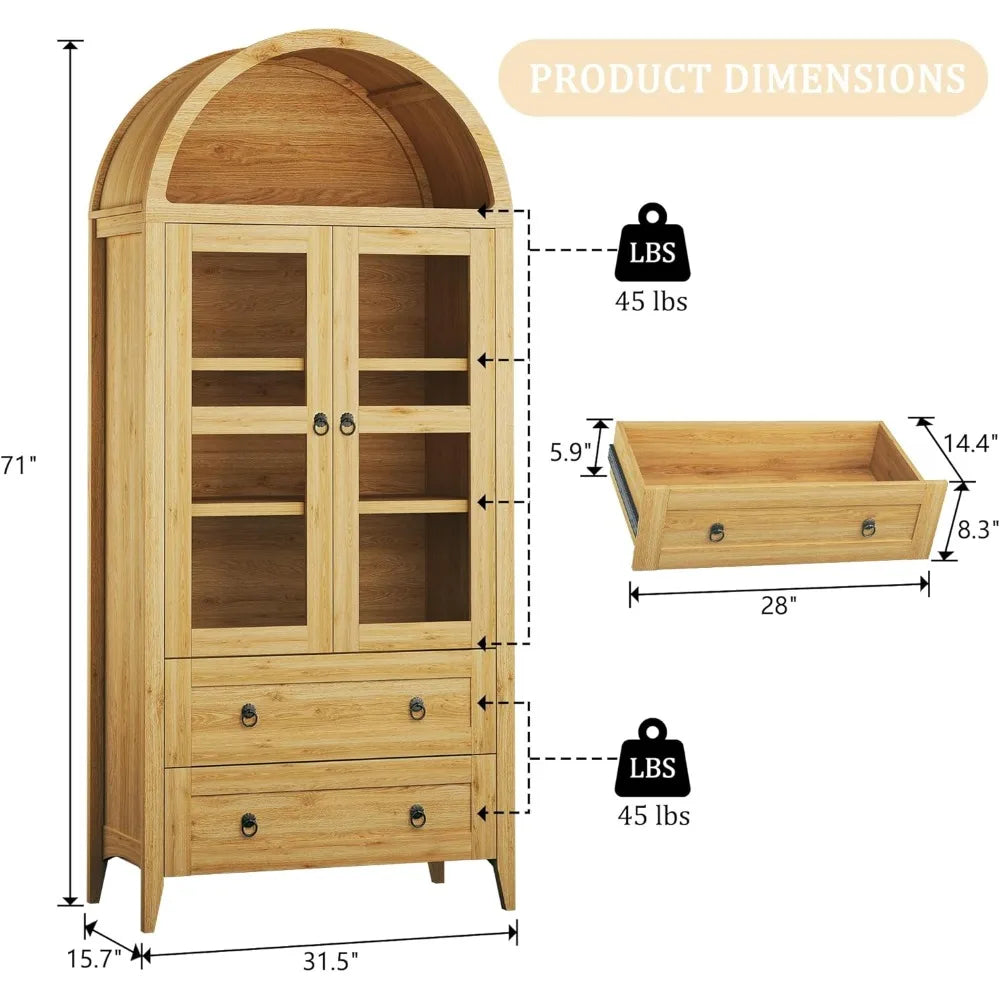 71 Inch Tall Pantry Cabinet With LED Lights Arched Design