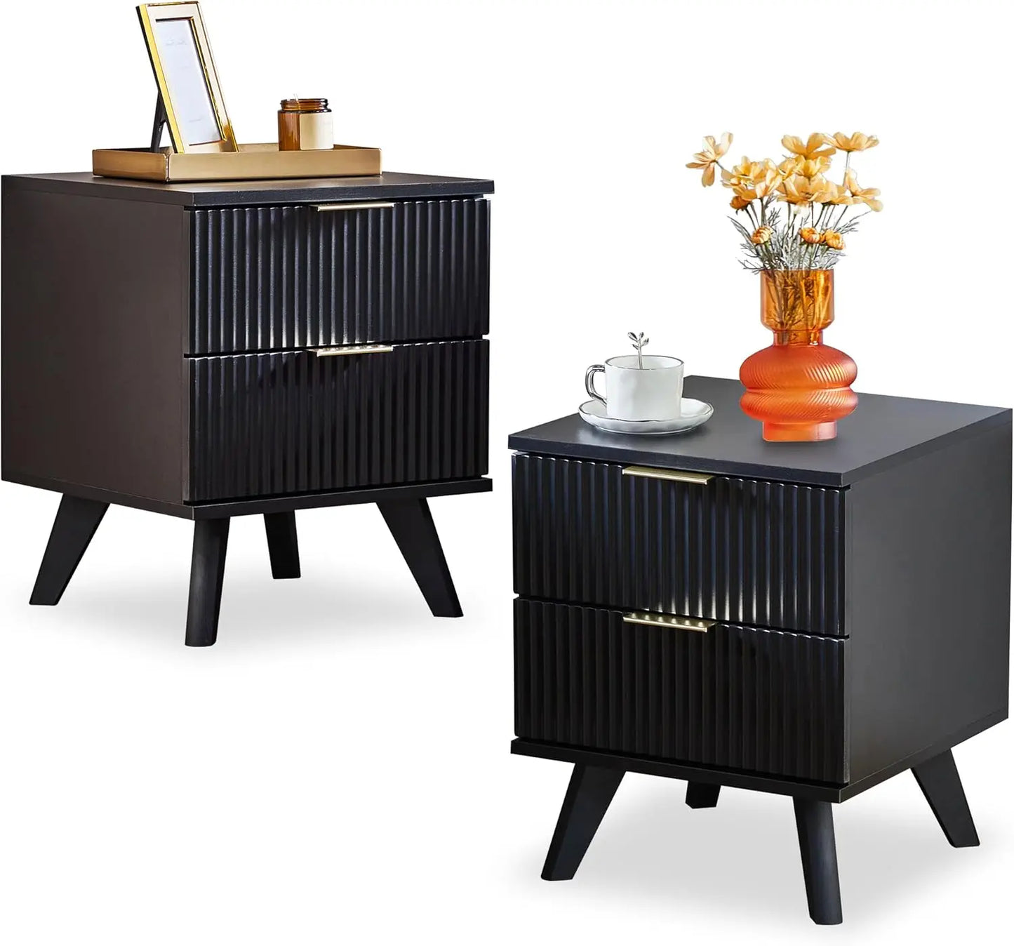 Fluted Nightstand Mid Century Modern Drawer Dresser Bedroom