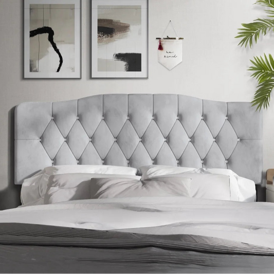 Upholstered Tufted Headboard Silver Velvet Queen Size