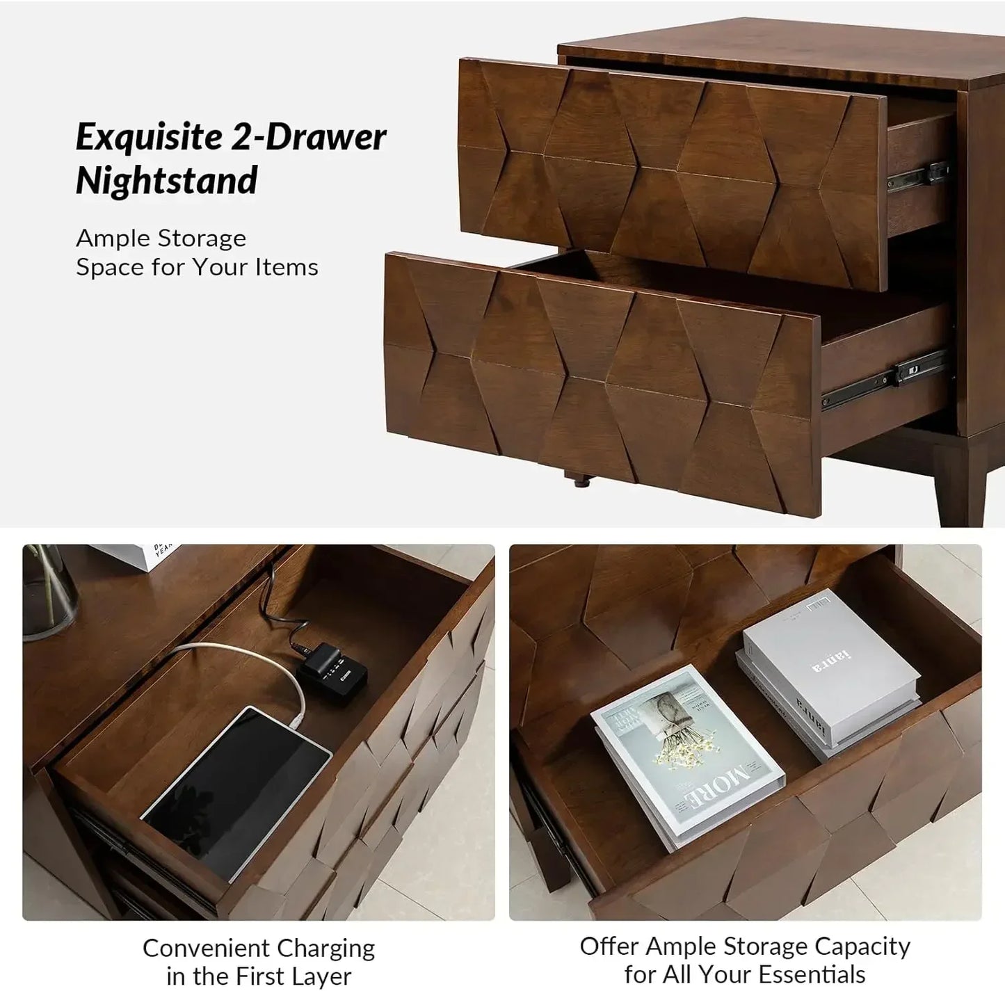 Wood Nightstand Set of Two With Charging Station and Dresser