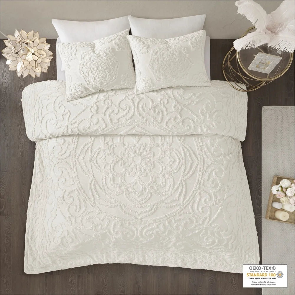 3 Piece Cotton Duvet Cover Set Full Queen Tufted Chenille