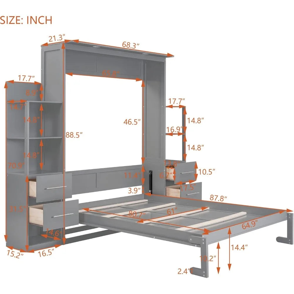 Queen Size Murphy Bed With LED Shelves And Drawers Gray