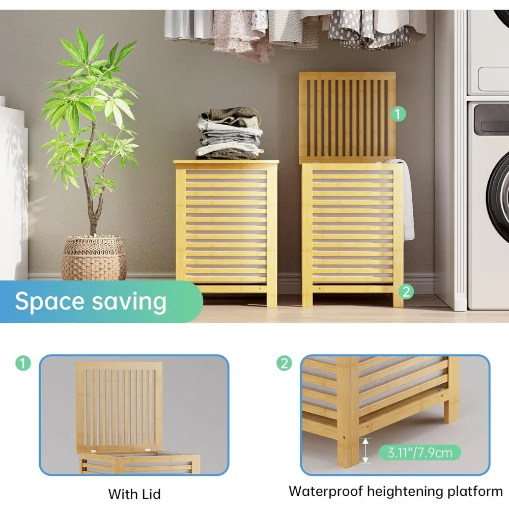 Double Laundry Hamper With Lid Bamboo Basket 120L Removable Liner