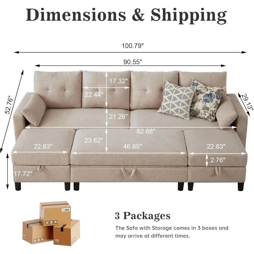 Convertible Sectional Sofa With Linen Fabric Ottoman Table