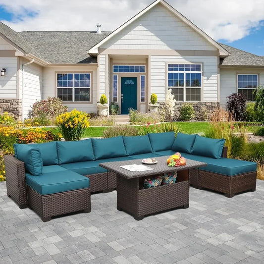 9 Piece Wicker Patio Set With Peacock Cushions And Storage