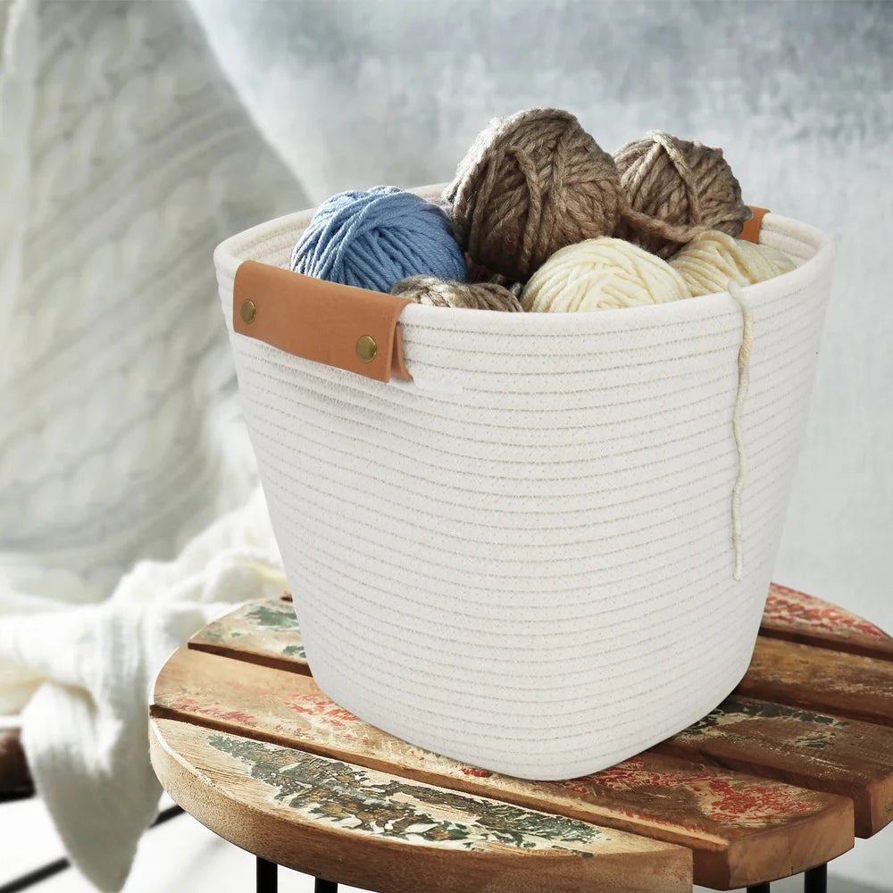 Medium Cotton Rope Storage Basket With Faux Leather Handles