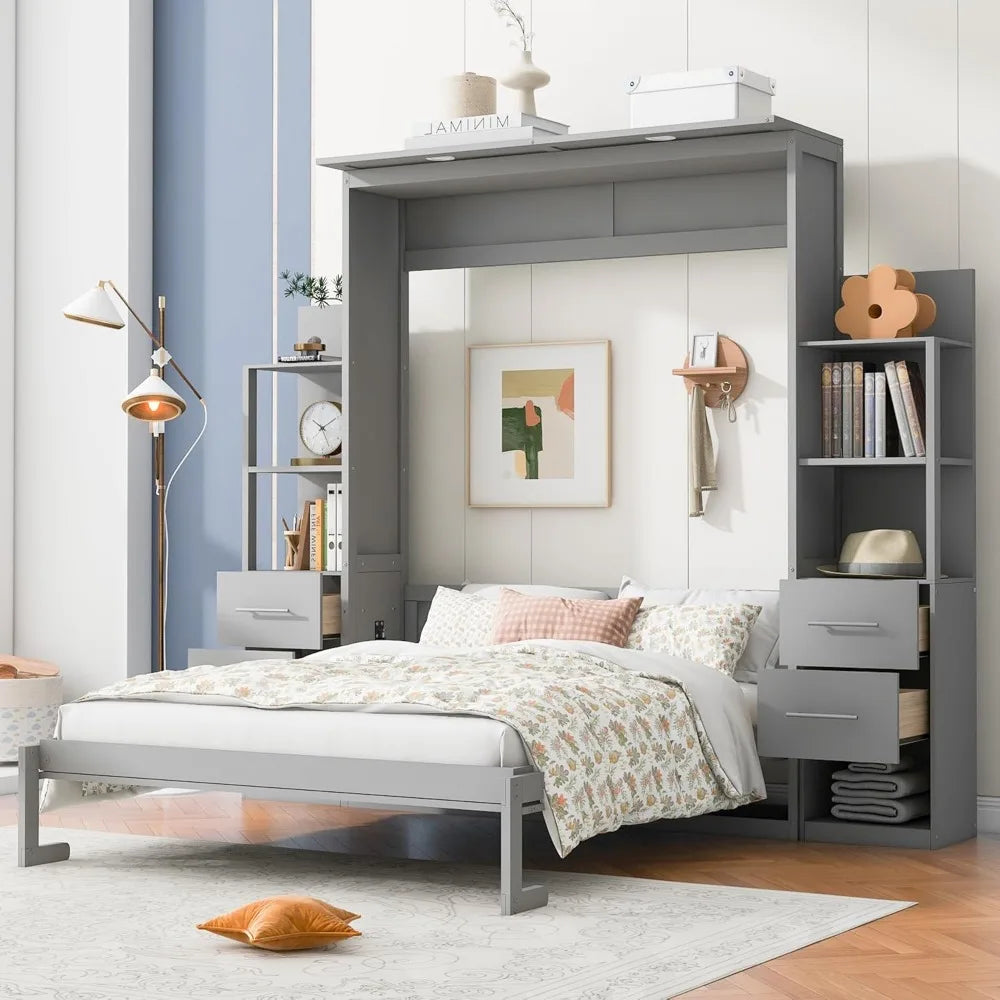 Queen Size Murphy Bed With LED Shelves And Drawers Gray