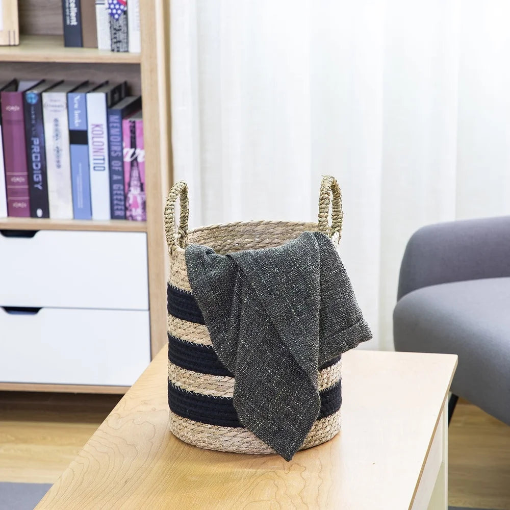 11 Inch Striped Rush Basket With Handles Home Decor Storage