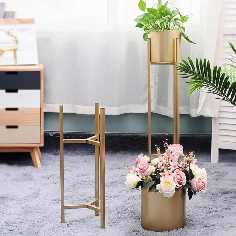 Gold Round Flower Pot Plant Stand Set For Multiple Pots